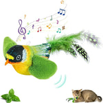 Cat playing with a green chirping bird cat toy