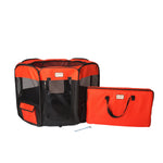 Black and red Armarkat Medium playpen beside its red carry bag