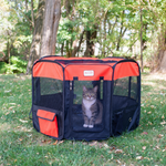 A tabby-and-white cat sitting behind the front mesh door of a black and red Armarkat Medium playpen outdoors