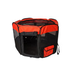 Black and red Armarkat Medium playpen with its mesh door rolled open, showing the floor and side pocket