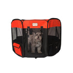 Black and red Armarkat playpen on a white background with a dog visible through the mesh door