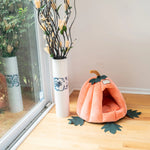 Orange Armarkat pumpkin-shaped cat cave placed beside a window