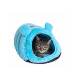 A tabby cat rests inside the Cornflower Blue Armarkat C90CTL cat-ear tube bed