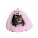 A tabby cat sits inside the Soft Pink Armarkat C95GFS covered cat bed