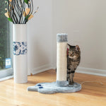 A tabby cat stretches against the sisal post of an Armarkat mouse-shaped scratcher