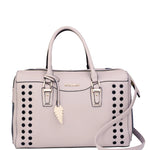 Front view of the pale pink Aimee carrier with ventilation holes, handles and removable shoulder strap