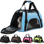 Blue soft-sided cat carrier with an open mesh entry and other available color options