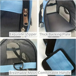 Close-up views of the cat carrier zipper, base insert, mesh panel and carry handle