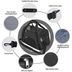 Black cat carrier with close-up views of the shoulder strap, mesh, zipper, fabric and interior tether
