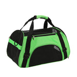 Green soft-sided cat travel carrier with black mesh panels and carry handles