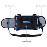Top view of a blue cat carrier with both end panels open, showing its mesh windows and shoulder strap