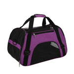 Purple soft-sided cat travel carrier with black mesh panels and carry handles