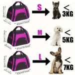 Supplier size guide for small, medium and large cat carriers, with dimensions and pet weight guidance under 3, 5 and 7 kg