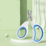 Blue-handled cat nail scissors with circular blade opening