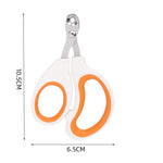 Orange cat nail scissors showing dimensions of 10.5 by 6.5 cm