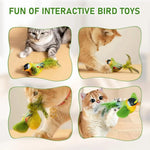 Cats playing with a green chirping bird toy