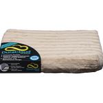 Camel DuraCloud rectangular pet bed with a ribbed fitted cover and brand label.