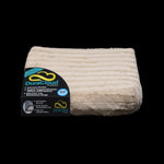 Camel DuraCloud rectangular pet bed with a ribbed cover and attached brand label.