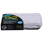 Sand DuraCloud rectangular pet bed with a ribbed cover and attached brand label.