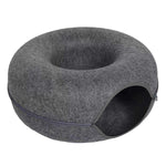 Dark gray felt donut cat tunnel bed with a rounded entrance and recessed lounging top