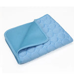 Blue fabric cat resting mat with a folded corner showing the backing