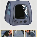 Blue foldable cat backpack carrier with clear front window and mesh side panels