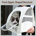 White cat backpack carrier with its clear front window unzipped, showing the front access opening