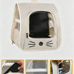 White foldable cat backpack carrier with clear front window and mesh side panels
