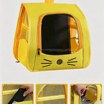 Yellow foldable cat backpack carrier with clear front window and mesh side panels