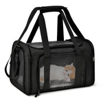 Black soft-sided cat carrier with a cat visible through the mesh front panel.