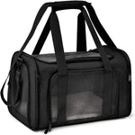 Black foldable cat carrier with mesh panels, zipped openings and carrying handles.