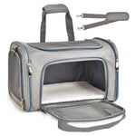 Gray foldable cat carrier with its front door open and detachable padded shoulder strap.