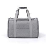 Rear view of the gray foldable cat carrier with carrying handles.