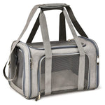 Gray foldable cat carrier with mesh panels, zipped openings and carrying handles.