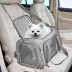 Gray mesh pet carrier shown on a car seat with a small dog inside.