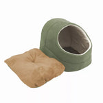 Sage Green GOOPAWS cat cave bed with its inner cushion shown separately