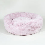 Blush Hello Doggie Amour round plush pet bed with a removable pillow.