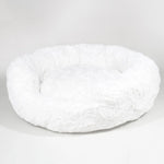 Ivory Hello Doggie Amour round plush pet bed with a removable pillow.