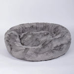 Taupe Hello Doggie Amour round plush pet bed with a removable pillow.