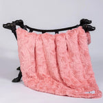 Peach Hello Doggie Cuddle Small pet blanket draped on a display stand