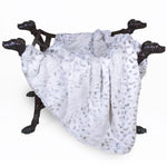 Hello Doggie Deluxe pet blanket in Pearl Leo, draped over a display stand to show its fabric; stand not included