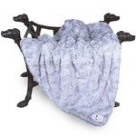 Hello Doggie Deluxe pet blanket in Prism, draped over a display stand to show its fabric; stand not included