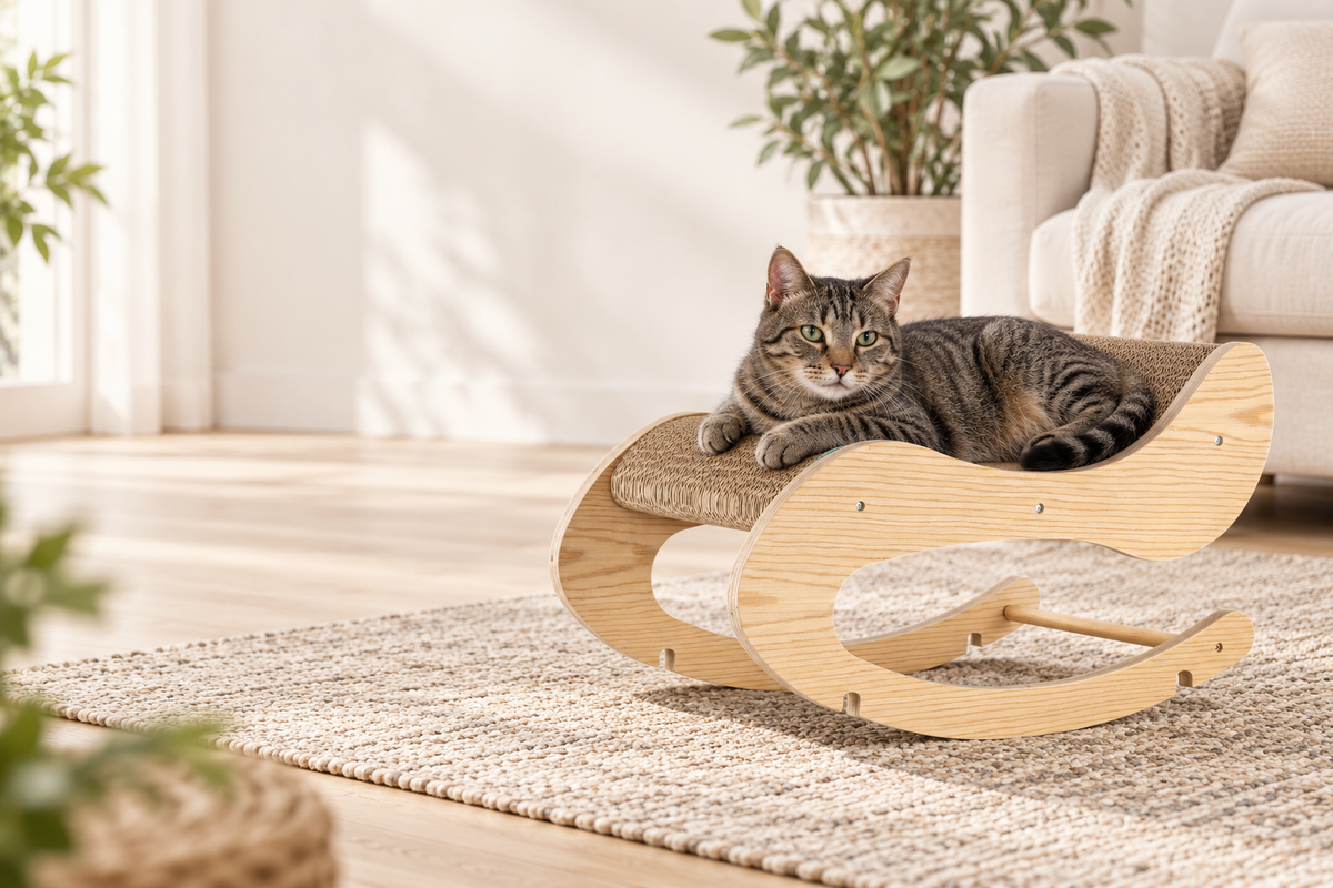 A tabby cat lounges on a natural-wood Armarkat cat rocker in a bright, neutral living room