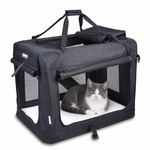 Black 36-inch JESPET soft crate with a cat on the fleece mat