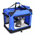 Blue 36-inch JESPET folding soft crate with a cat resting inside