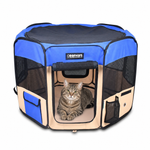 Tabby cat resting inside the Blue 45-inch JESPET playpen with mesh sides and an open front door