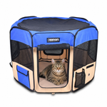 Tabby cat resting inside the Blue 61-inch JESPET playpen with mesh sides and an open front door