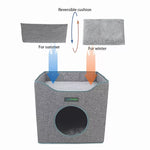 Supplier guide showing the two fabric sides of a reversible JESPET cat cube cushion
