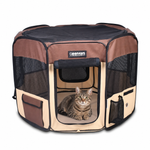 Tabby cat resting inside the Coffee 36-inch JESPET playpen with mesh sides and an open front door