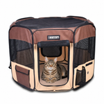 Tabby cat resting inside the Coffee 45-inch JESPET playpen with mesh sides and an open front door